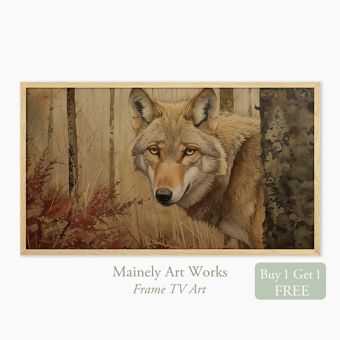 Realistic Wolf Peering From Behind Tree Autumn Woods Wildlife Wall Art Print