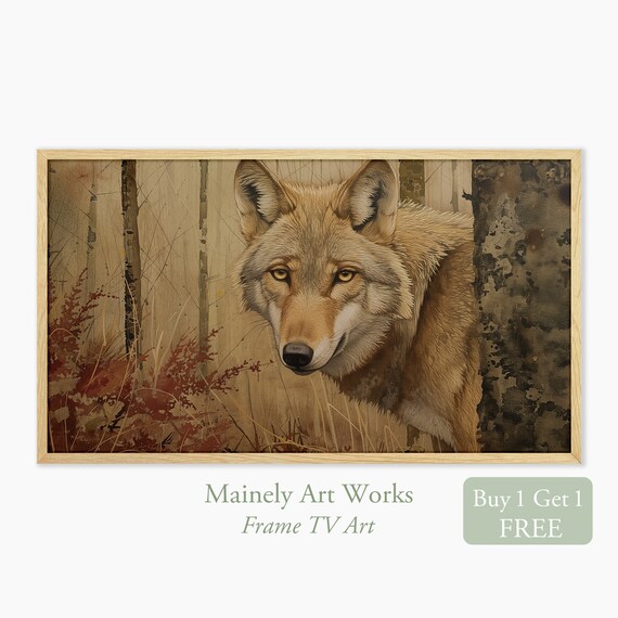 Realistic Wolf Peering From Behind Tree Autumn Woods Wildlife Wall Art Print