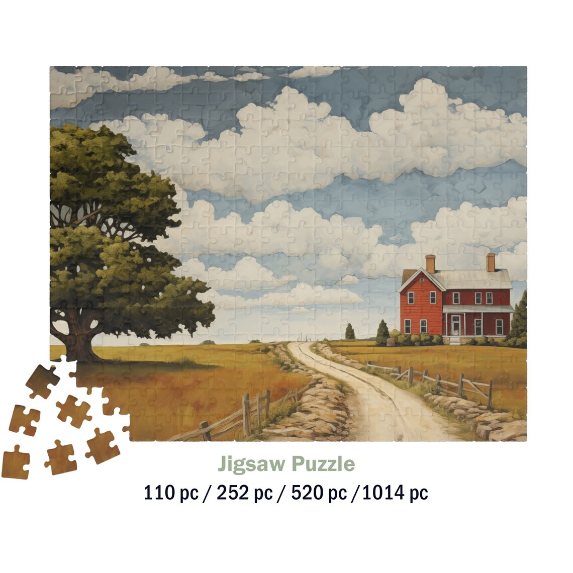 Red Farmhouse At End Of Dirt Road Golden Fields Jigsaw Puzzle Poster