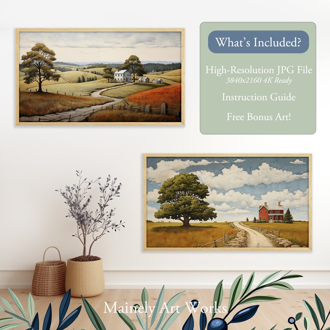 Farmhouse Frame Tv Art Country Farm Painting For Frame Tv Oil Painting Of Farm And House Farmland Frame Tv Set - Image 2