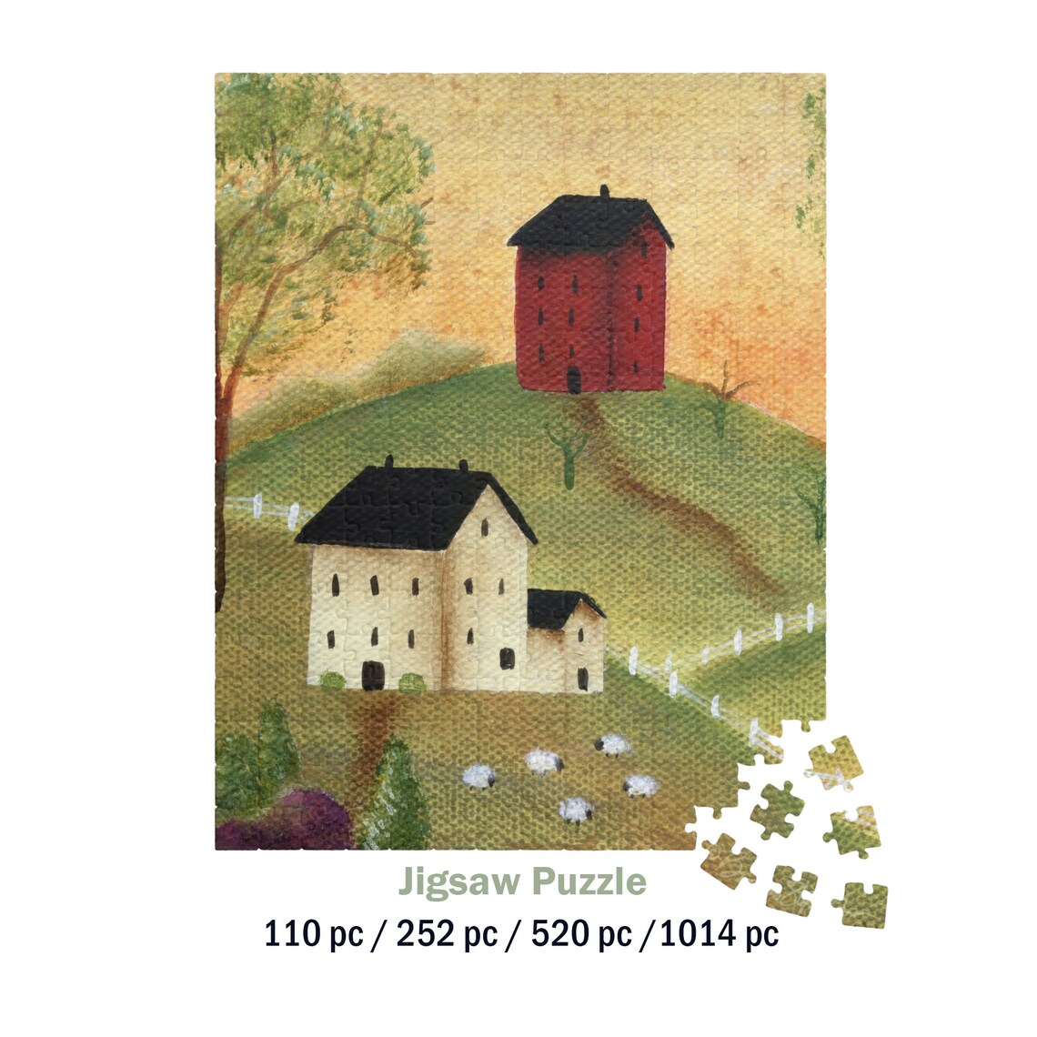 Primitive Folk Art Farmhouses And Sheep Pasture Jigsaw Puzzle Poster
