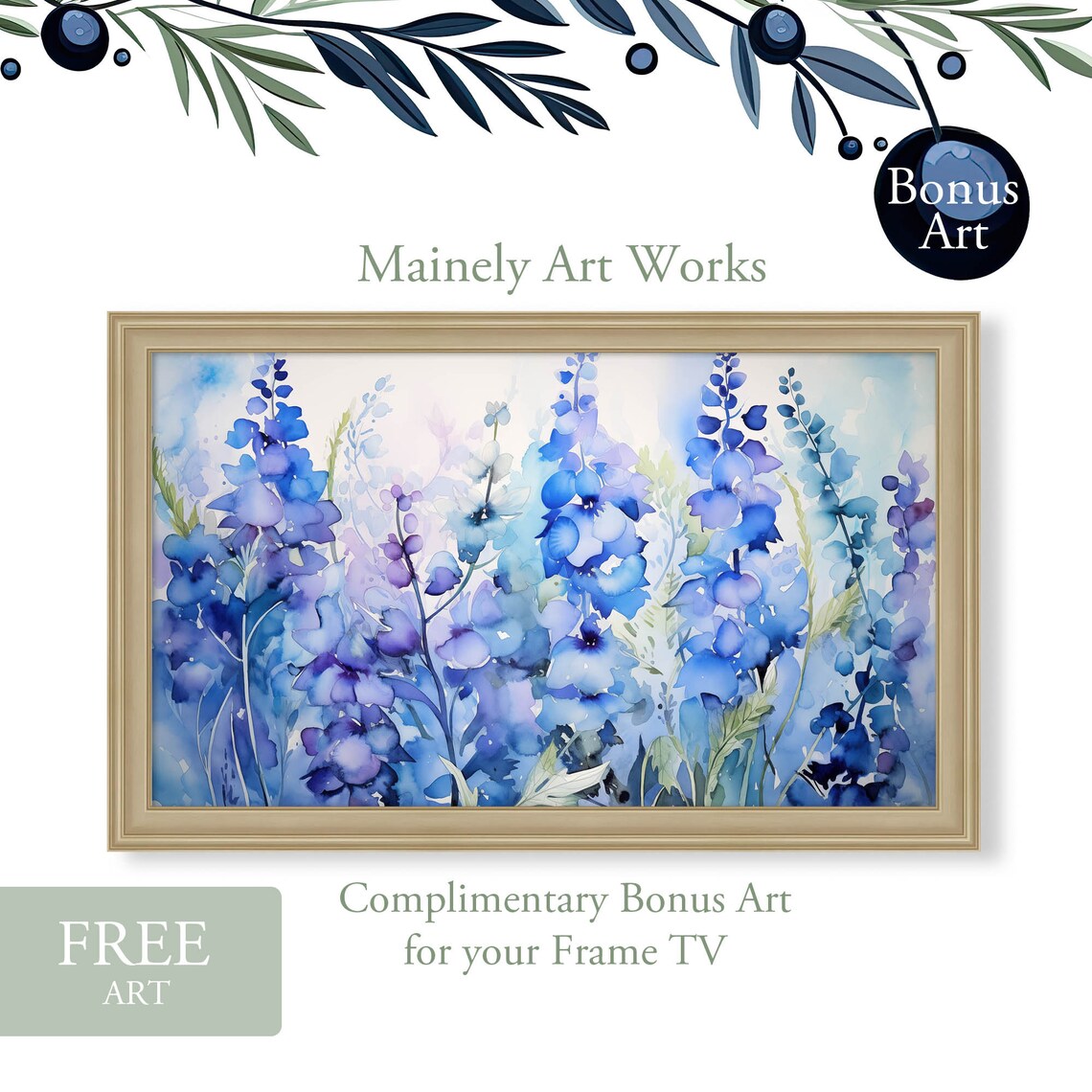 Pink Blue Larkspur Delphinium Spike Bright Floral Watercolor Poster - Image 2