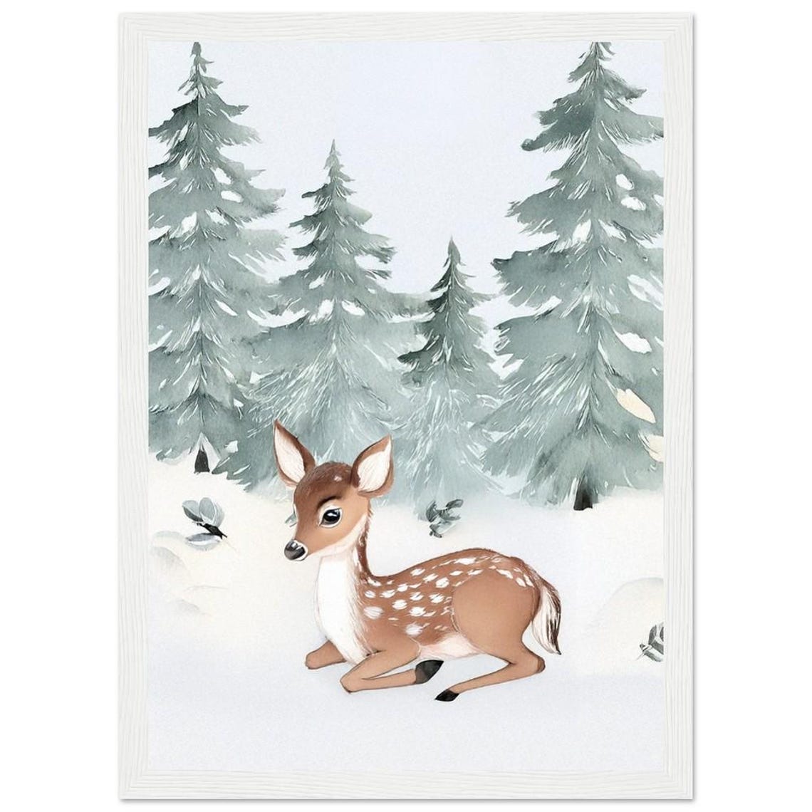 Winter Fawn Resting in Snowy Pine Forest Watercolor Nursery Poster - Image 2