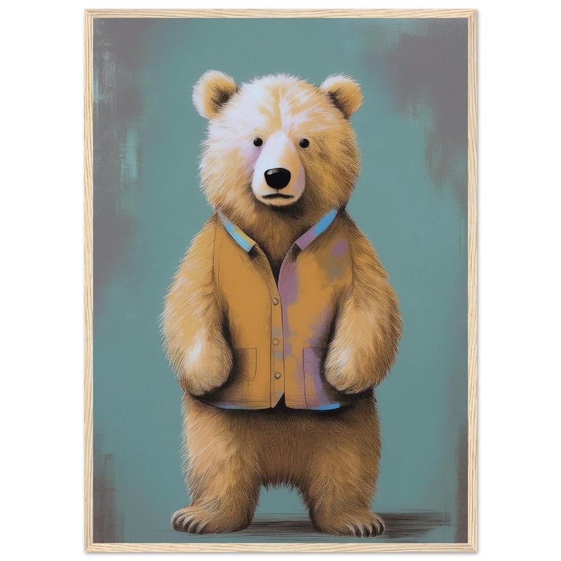 Bear in Mustard Vest Standing Illustrated Animal Portrait Poster - Image 3