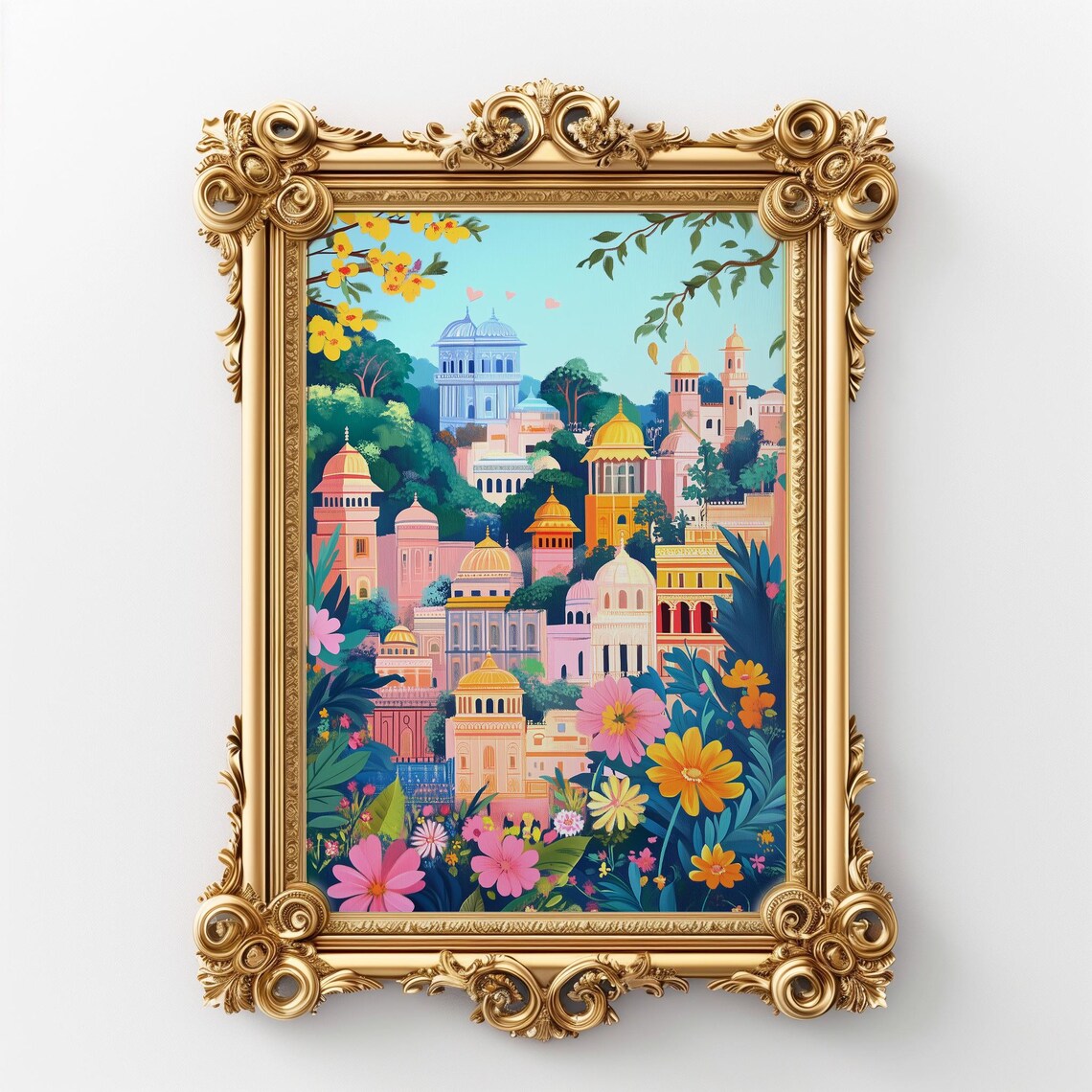 India-Inspired Cityscape, Art Deco Poster Print