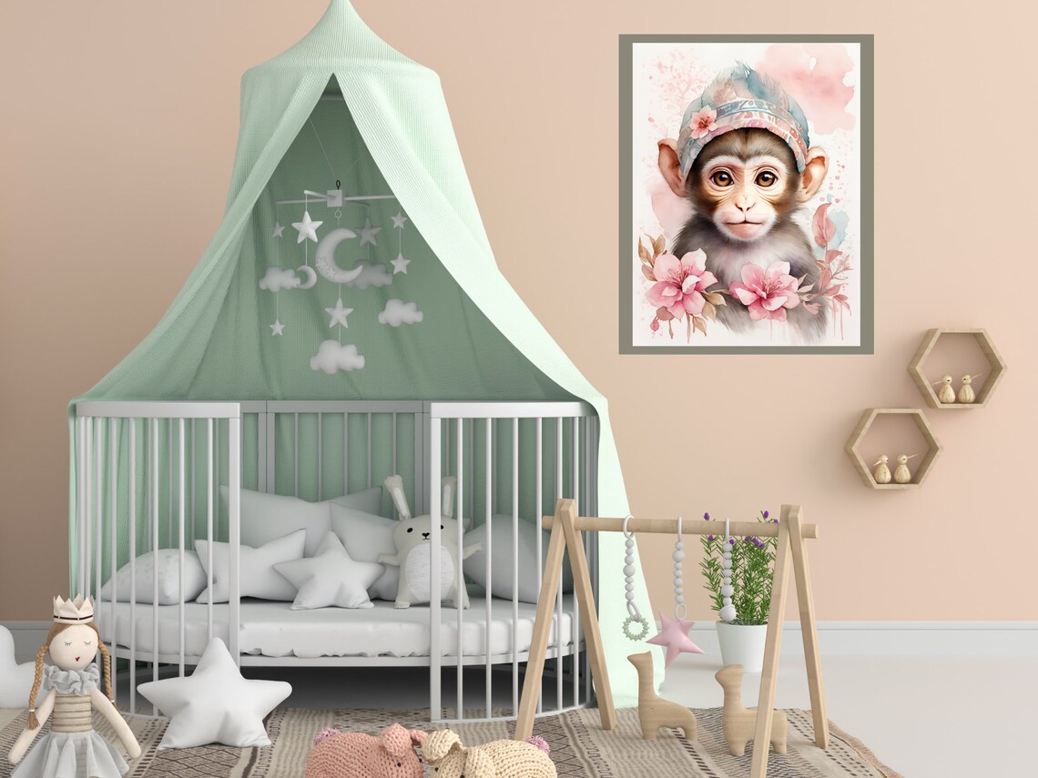 Baby Monkey Floral Headband Watercolor Nursery Animal Art Poster - Image 2