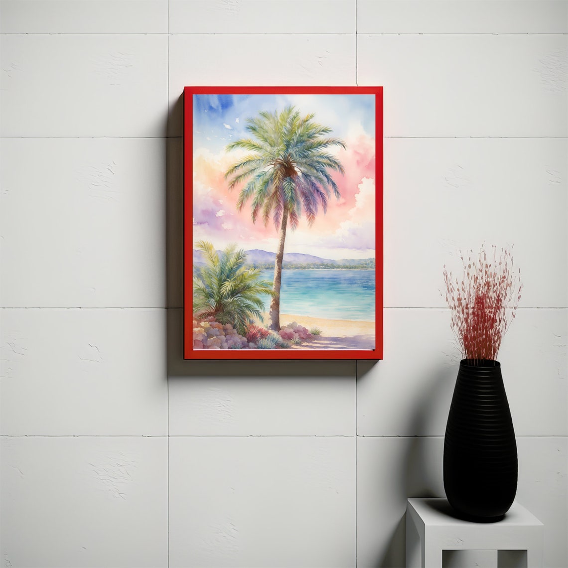Tropical Palm Tree Beach Sunset Island Watercolor Art Poster - Image 3