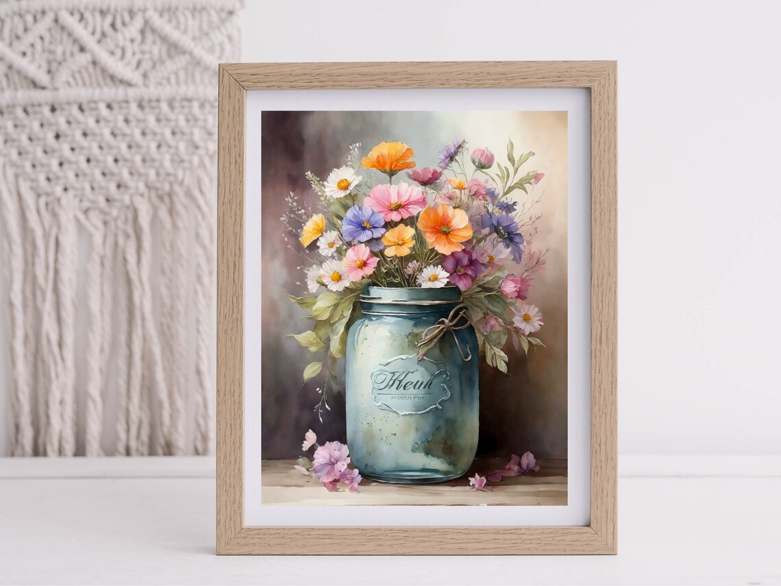 Wildflower Bouquet Blue Mason Jar Floral Watercolor Art Poster - Image 3