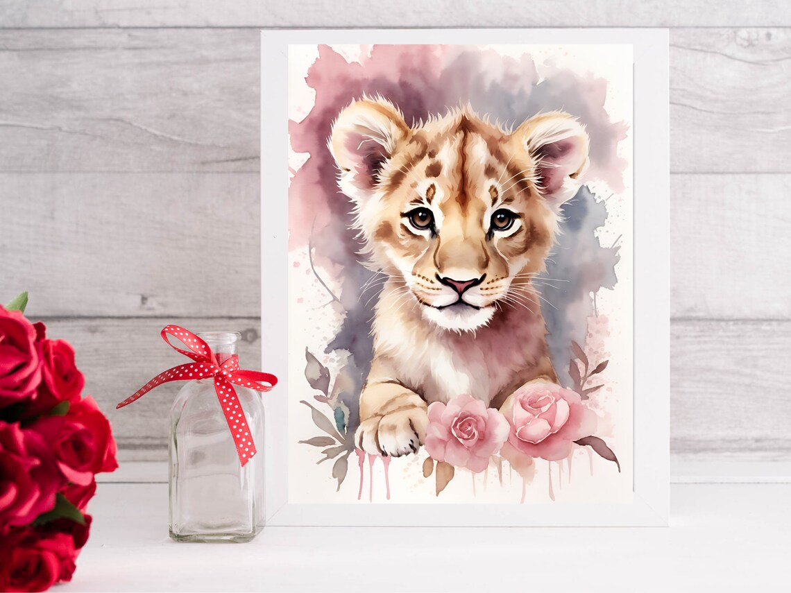 Baby Lion Cub Pink Roses Watercolor Nursery Animal Art Poster - Image 3