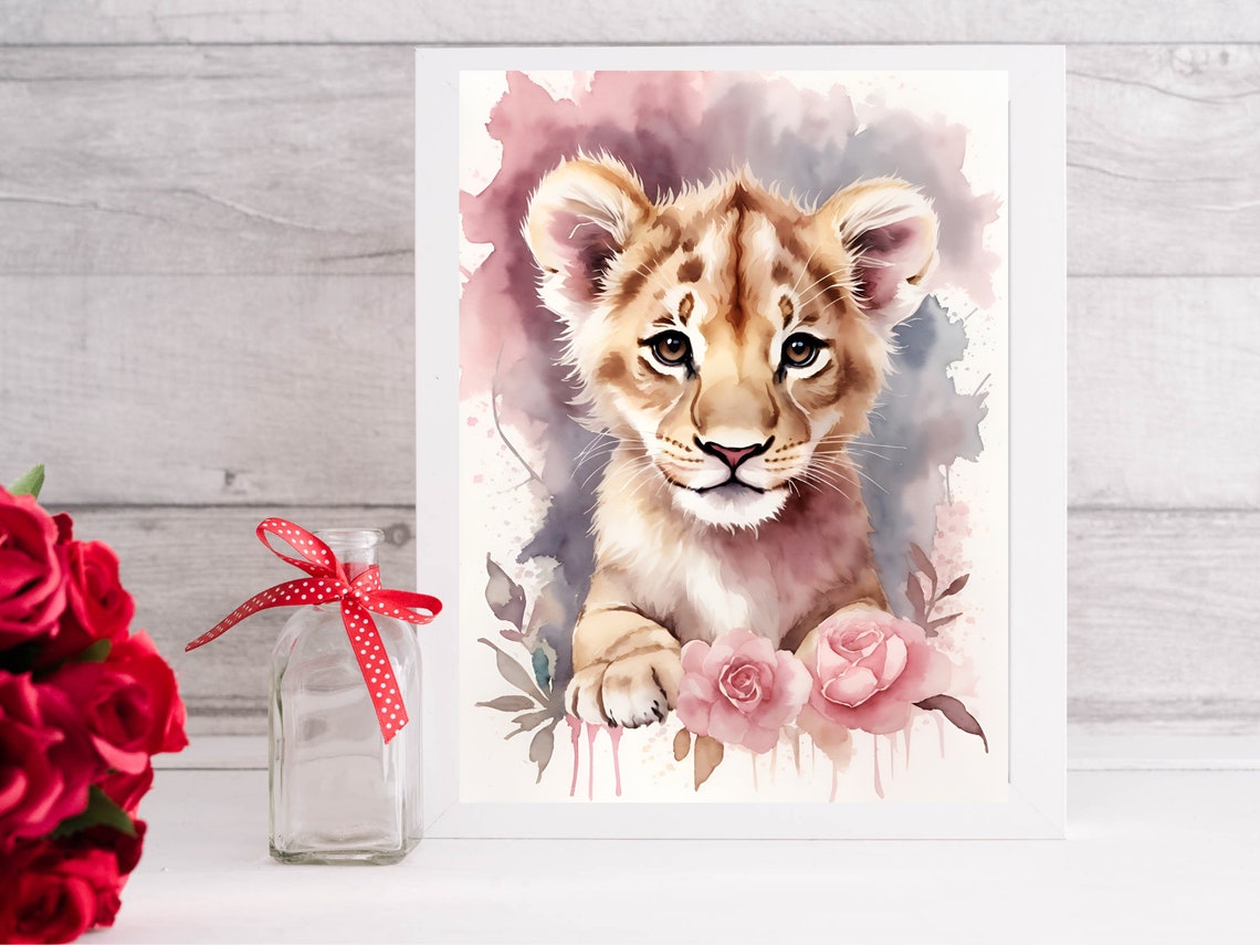 Baby Lion Pink Wall Art Safari Nursery Decor Pink Nursery Prints Pink Watercolor Animals Nursery Wall Decor Baby Girl Pink Wall Art - Image 3