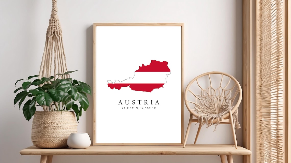 Austria Flag Shaped Country Map Patriotic Alpine Home Decor Art Poster