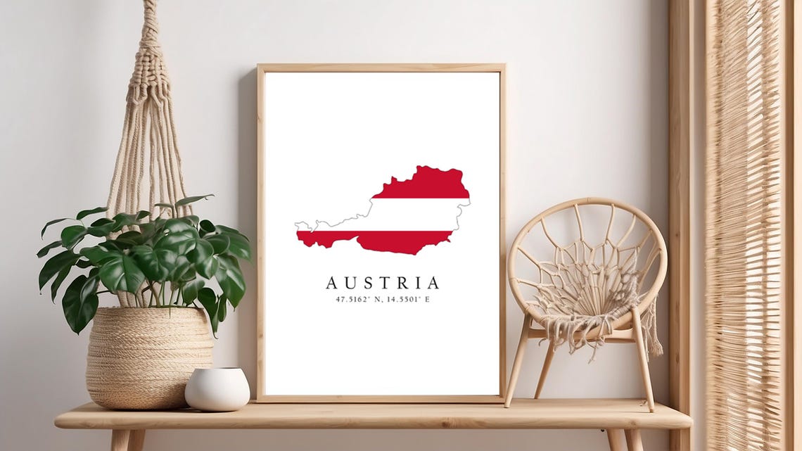 Austria Map Print Flag Latitude Longitude Coordinates Poster Wall Art Home Dcor