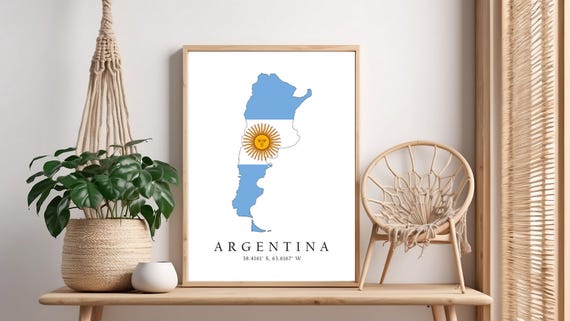 Argentina Map Print Flag Latitude Longitude Coordinates Poster Wall Art Home Dcor