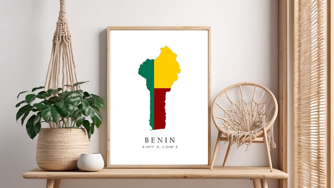 Benin Map Print Flag Latitude Longitude Coordinates Poster Wall Art Home Dcor