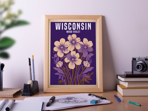 Wisconsin Wood Violet Vintage Retro State Flower Botanical Art Print