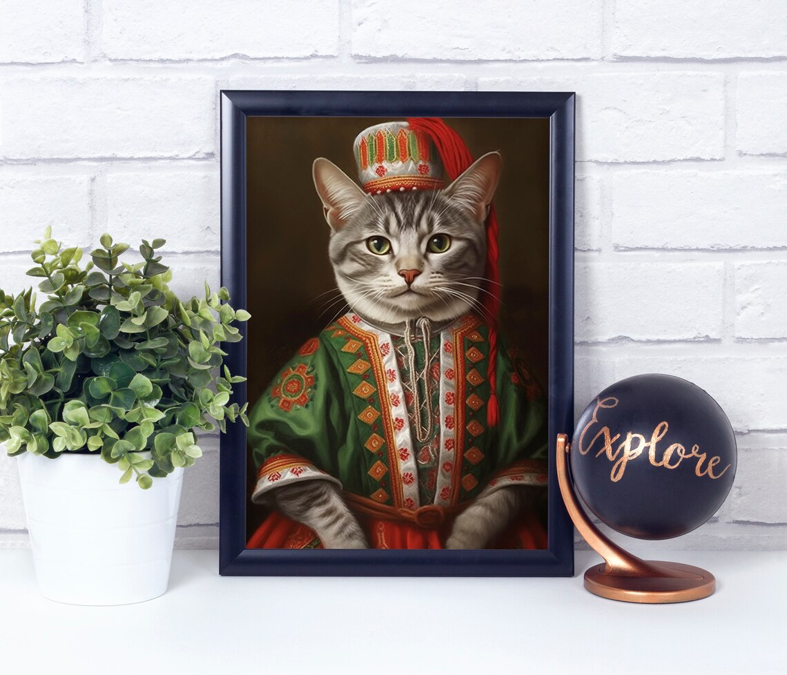Cat In Mexican Traditional Dress Portrait Funny Feline Wall Art