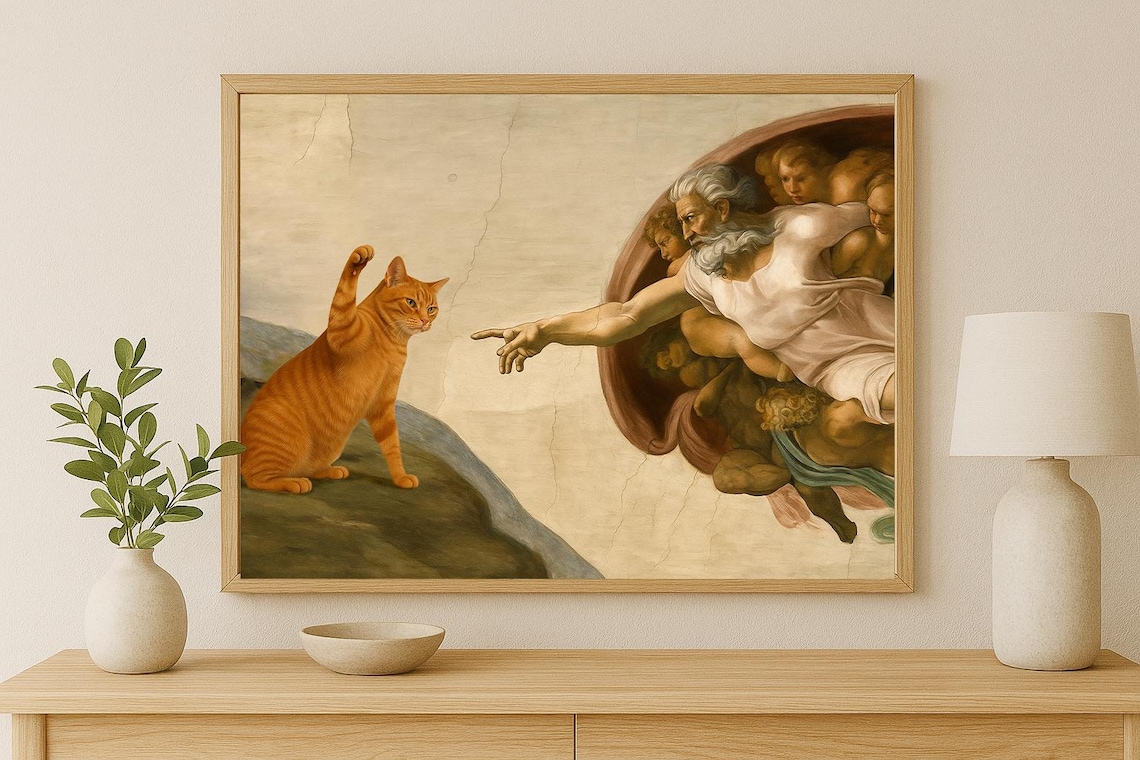 Funny Cat Parody Of Creation Of Adam Poster