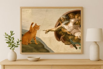 Funny Cat Art Parody Of Michelangelos Creation Adam Humorous Renaissance Print Poster Like Painting Meme Wall Decor