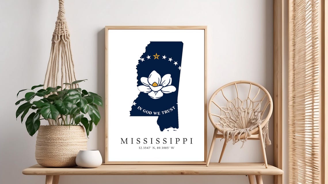 Mississippi State Flag Map With Magnolia Minimalist Art Poster
