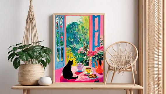 Black Cat Flowers Teapot Art Print Cozy Window Garden Scene Henri Matisse Style Impressionist Poster Wall Home Decor