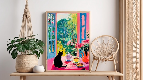 Black Cat Teapot Garden Window Matisse Style Colorful Art Poster