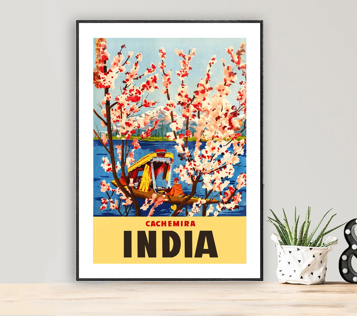 Cachemira India Vintage Travel Poster Shikara Boat Through Blossoms