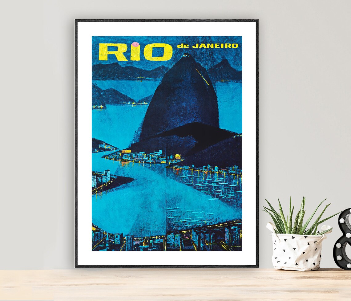 Rio De Janeiro Sugarloaf Bay Night Mid Century Brazil Travel Poster
