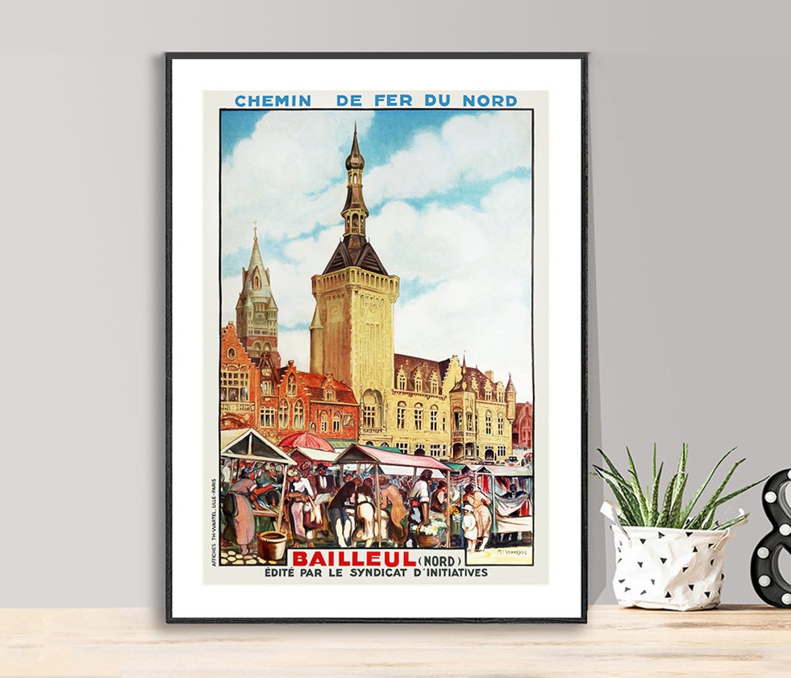 Bailleul Nord Chemin de Fer du Nord Vintage French Town Poster