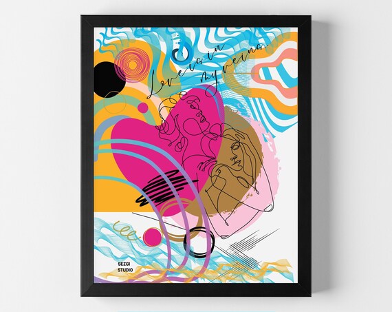 Love Is in My Veins Abstract Line Couple Colorful Art Poster