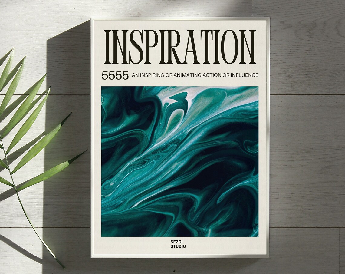 Inspiration 5555 Teal Marbled Ink Manifestation Dictionary Word Poster