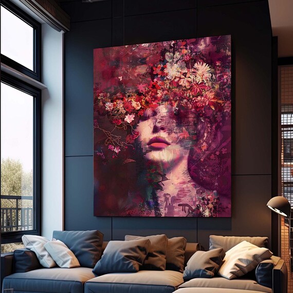 Abstract Red Floral Woman Portrait Crimson Flowers Art Style Poster