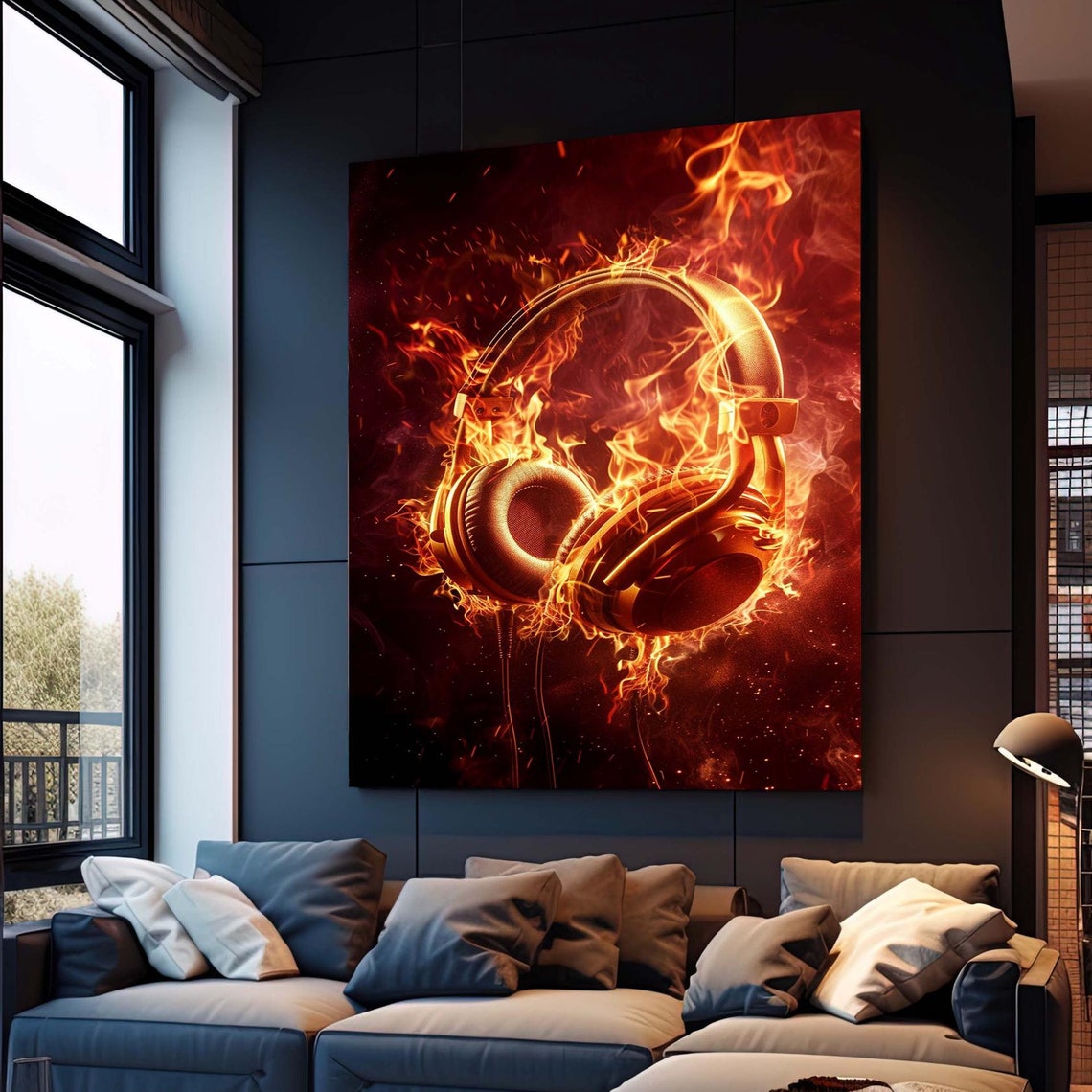 Burning Headphones on Fire Dramatic Red Flame Music Decor Poster