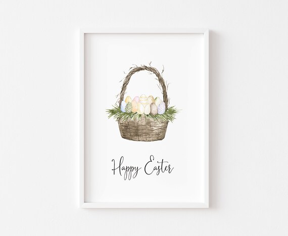 Happy Easter Watercolor Basket Pastel Eggs Neutral Spring Poster