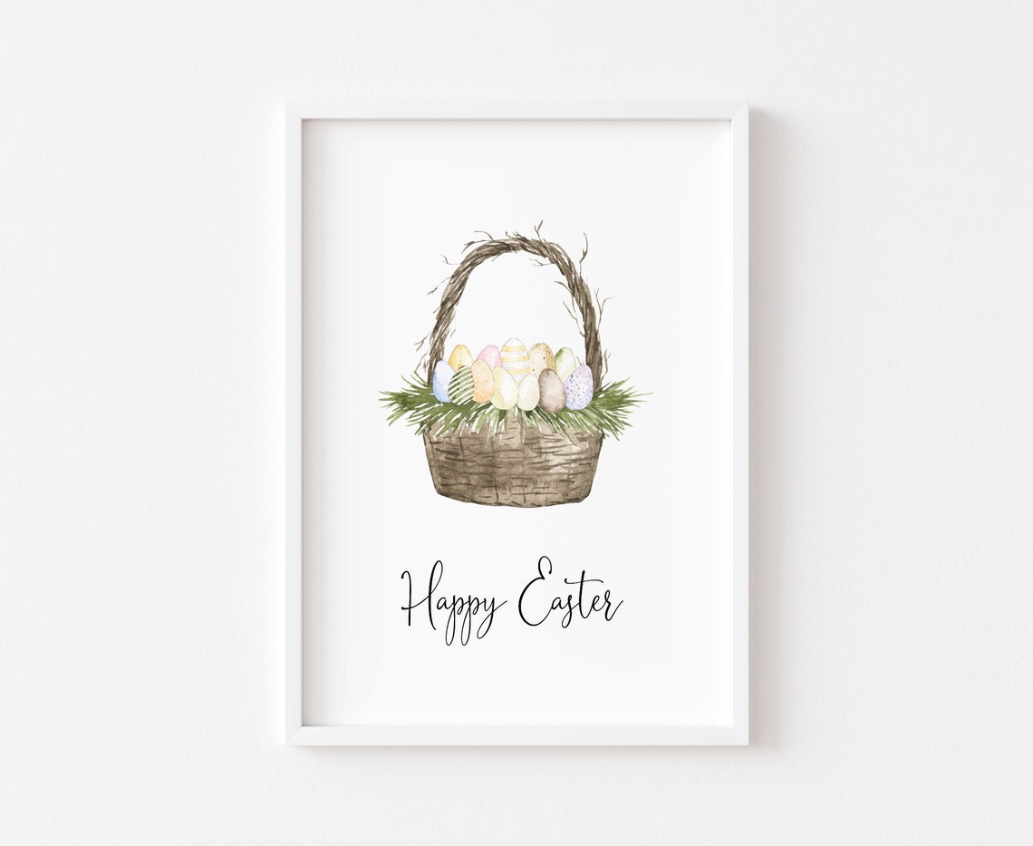 Happy Easter Watercolor Basket Pastel Eggs Neutral Spring Poster