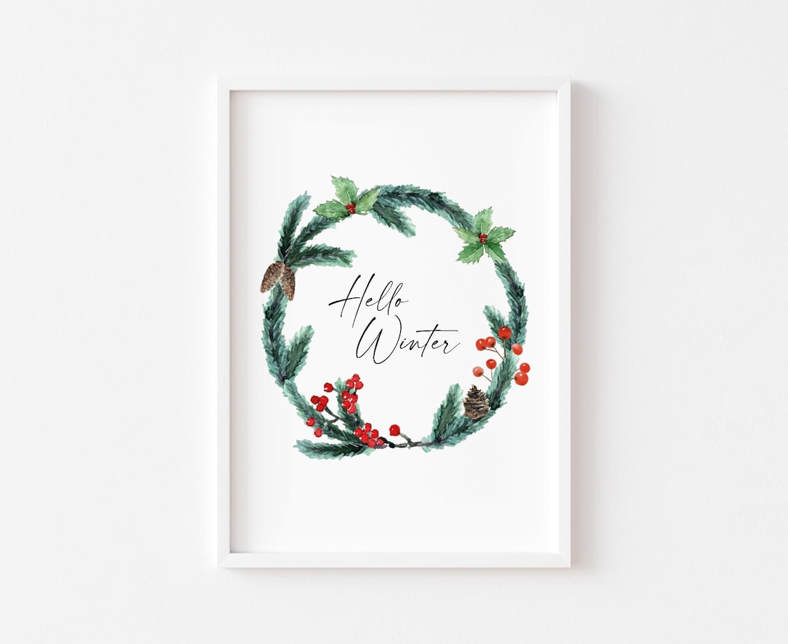 Hello Winter Wreath Watercolour Christmas Art Print