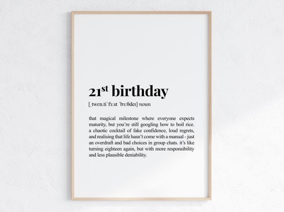 21st Birthday Definition Poster, Sarcastic Dictionary