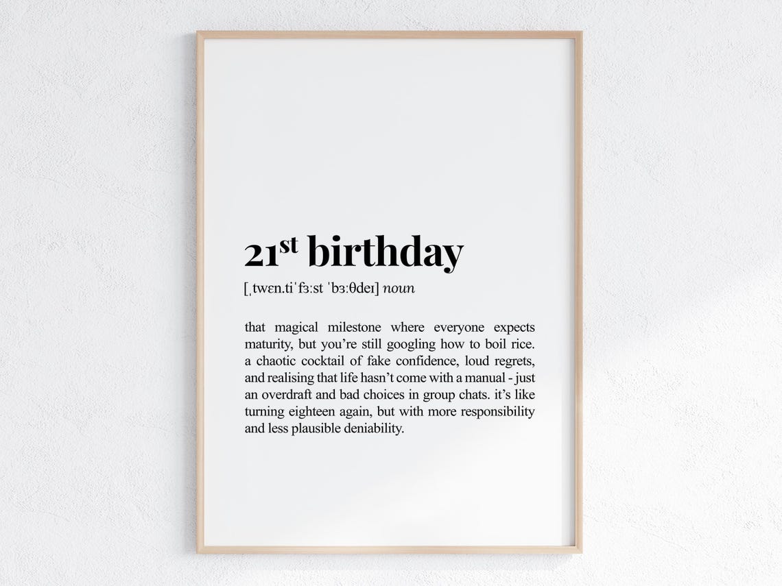 21st Birthday Definition Poster, Sarcastic Dictionary