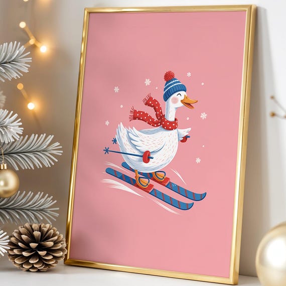 Skiing Goose Poster Cute Winter Animal Wall Art Playful Holiday Decor