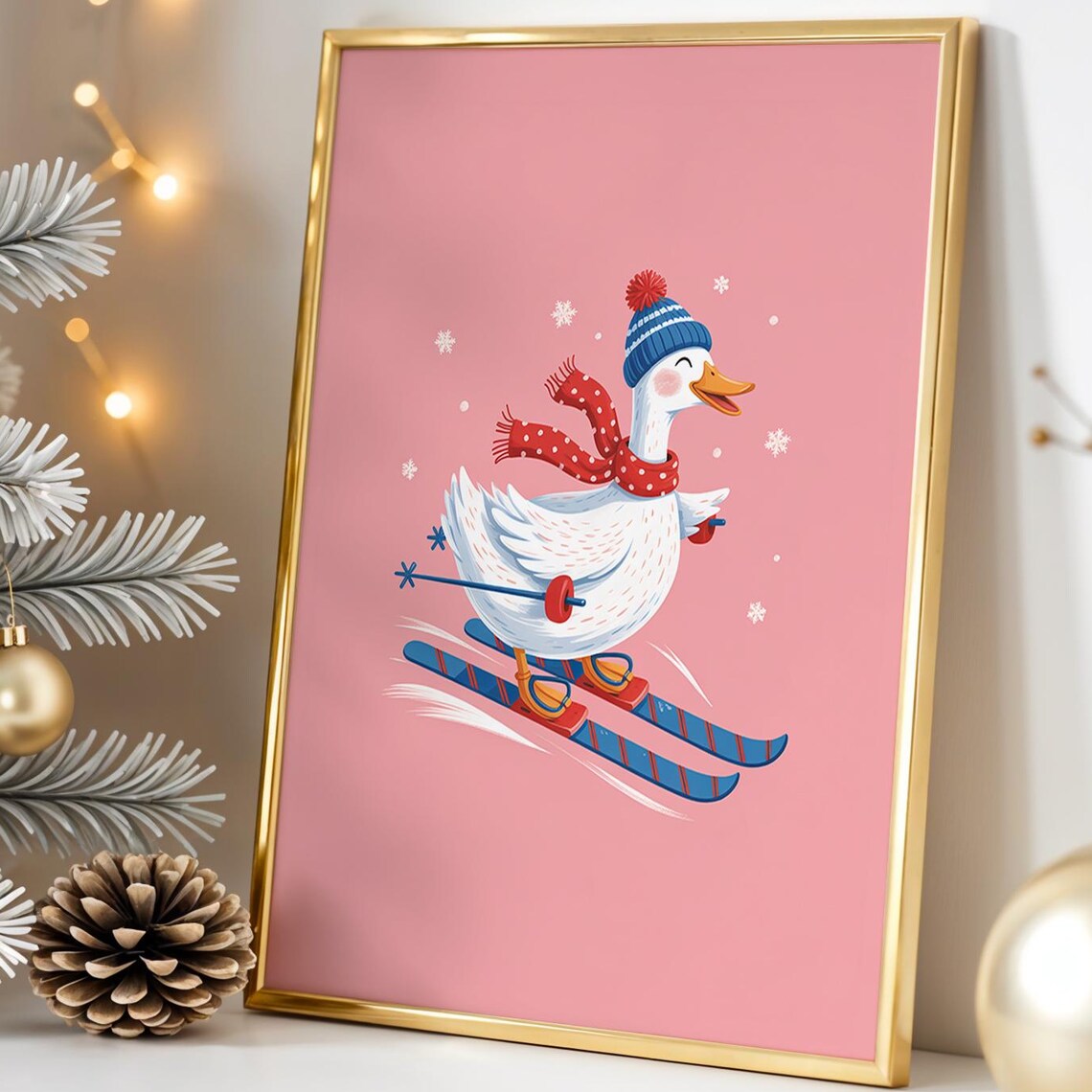 Skiing Goose Cute Winter Animal Illustration Pink Christmas Poster