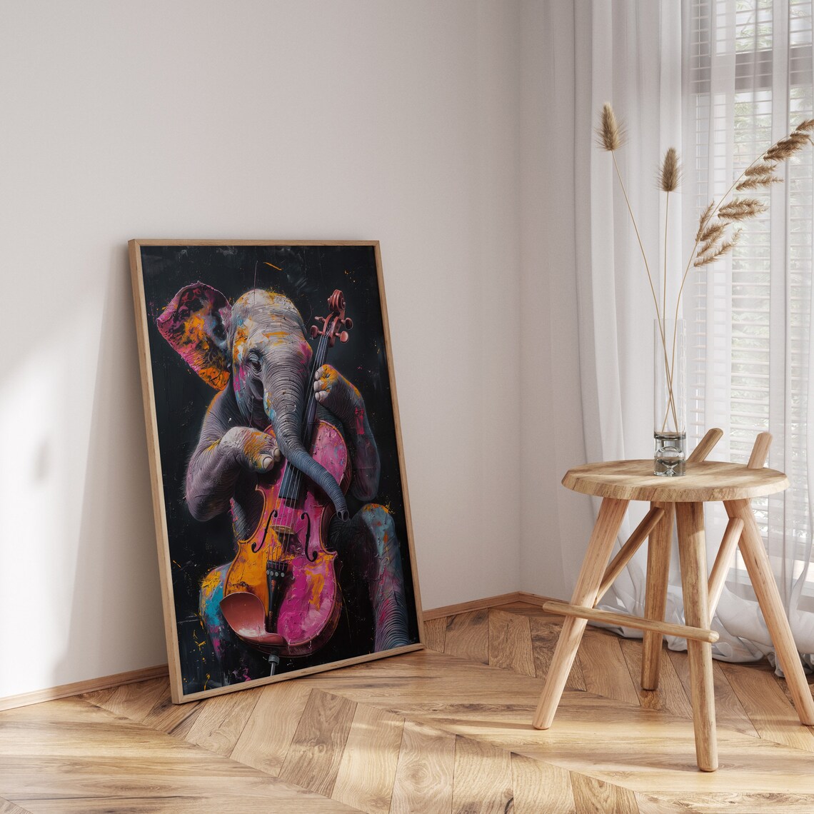 Elephant Playing Colorful Cello Neon Splash Orchestra Music Art Poster - Image 3