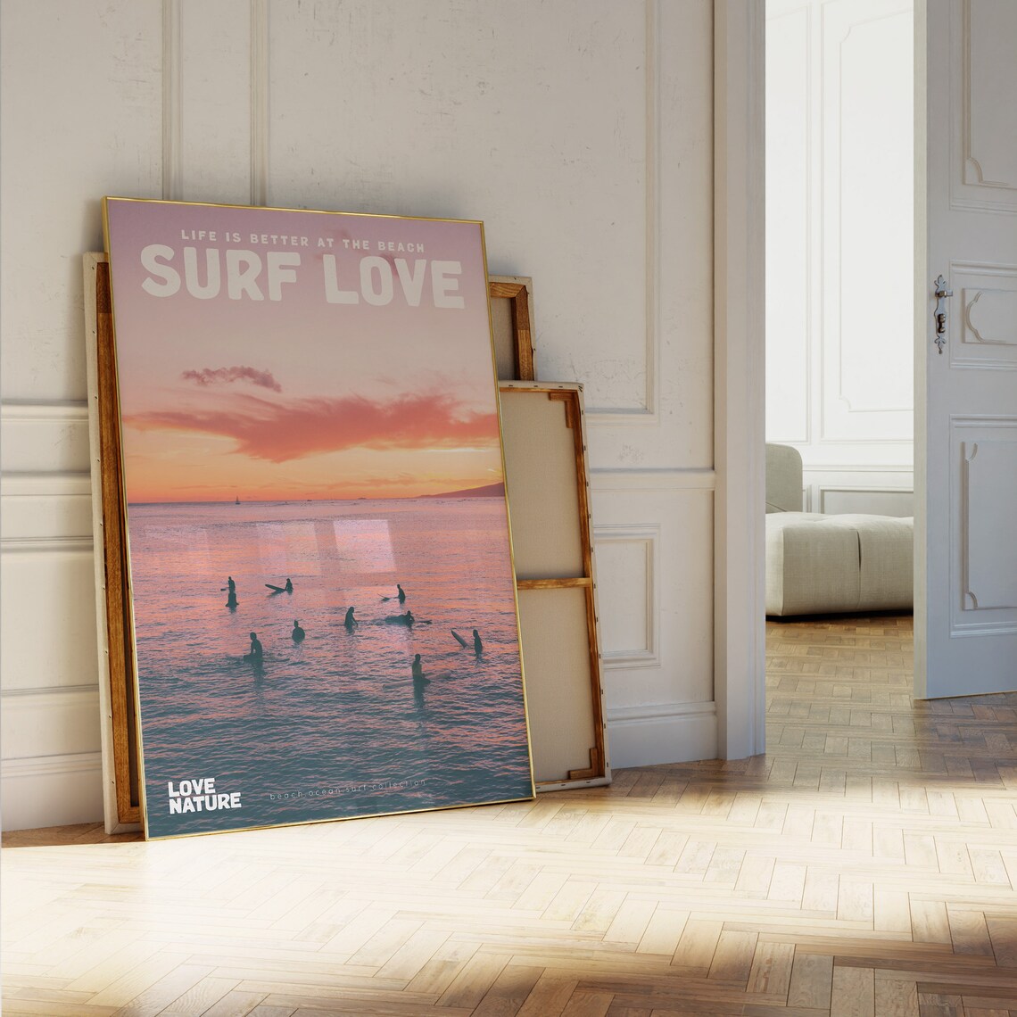 Surf Love Orange Sunset Silhouette Surfers In Ocean Beach Poster - Image 5