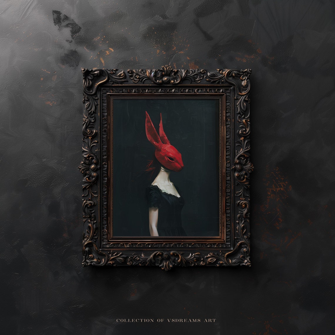 Red Rabbit Mask Woman Black Dress Whimsical Gothic Art Poster - Image 4