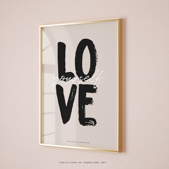 Love Yourself Black Brush Lettering Beige Neutral Minimalist Wall Art