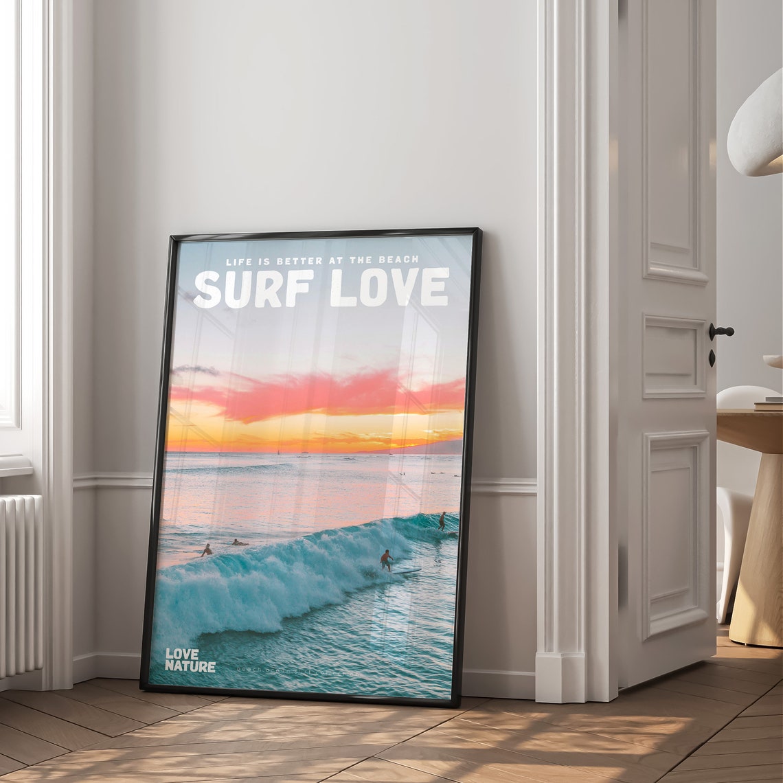 Surf Love Sunset Glow Over Breaking Wave Surfers Ocean Poster - Image 2