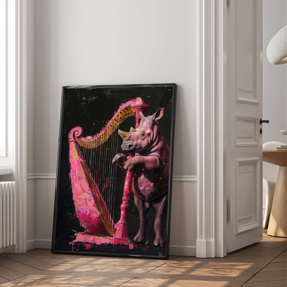 Rhino Playing Pink Harp Neon Splash Whimsical Orchestra Music Art Poster - Image 2