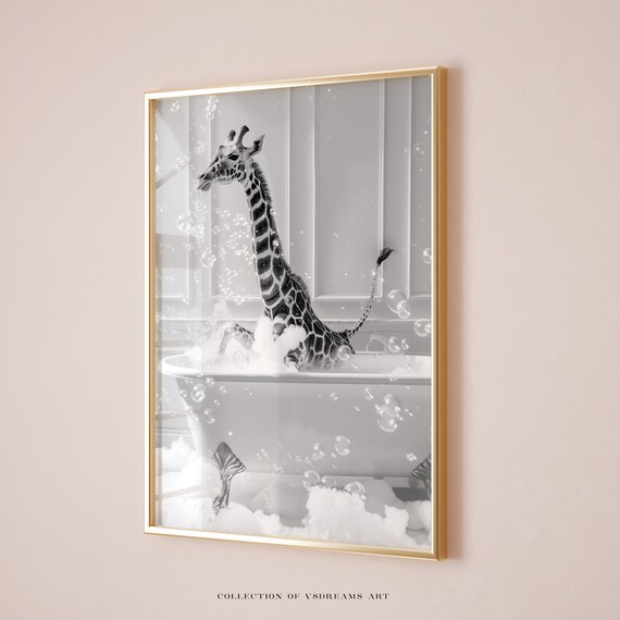 Giraffe Sitting in Bubble Bath Black and White Bathroom Poster