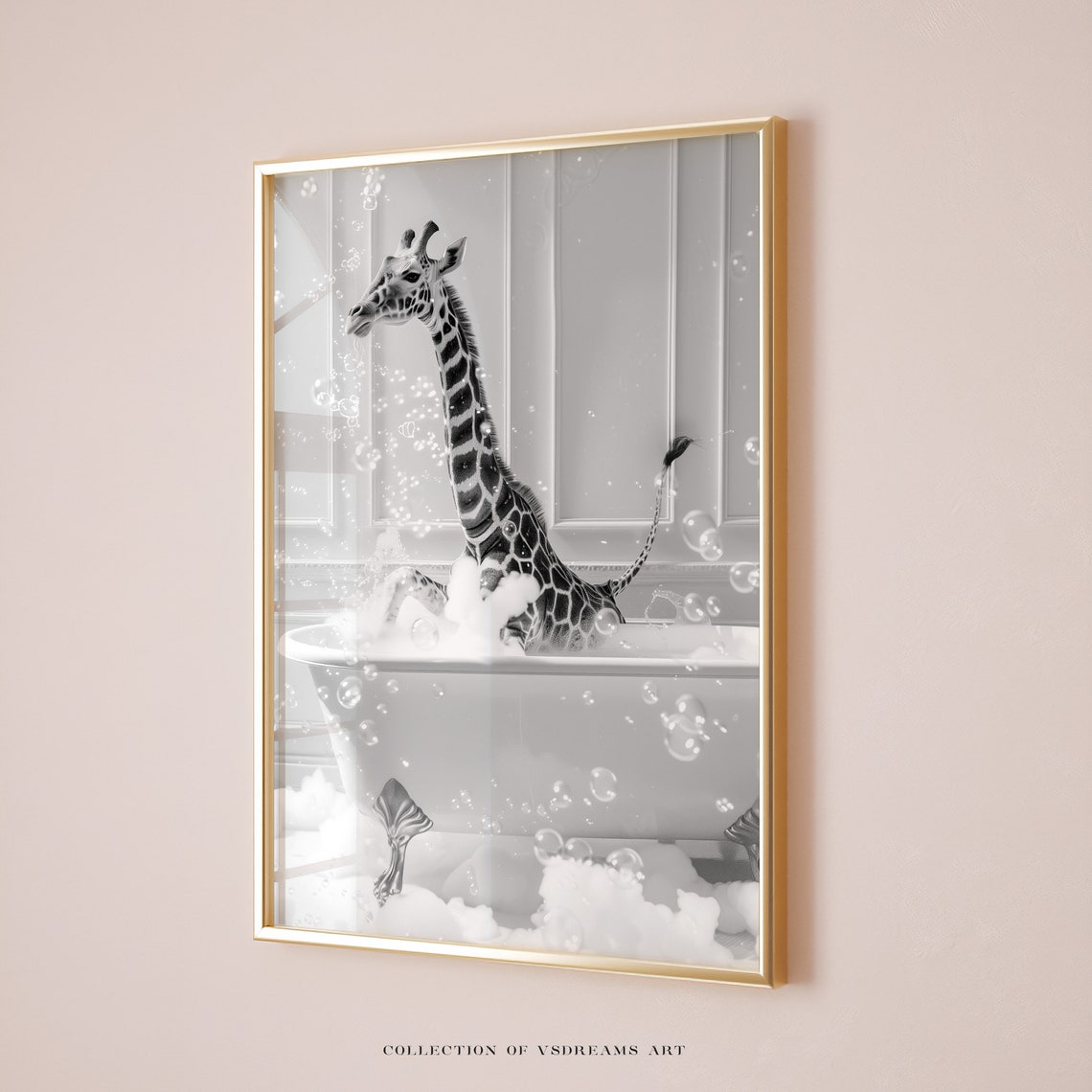 Giraffe Sitting in Bubble Bath Black and White Bathroom Poster