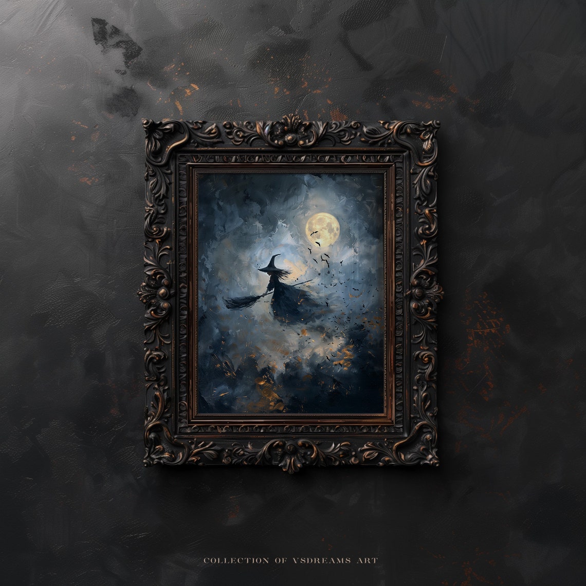 Witch Riding Broom Golden Moon Dark Cloudy Night Flight Poster - Image 5