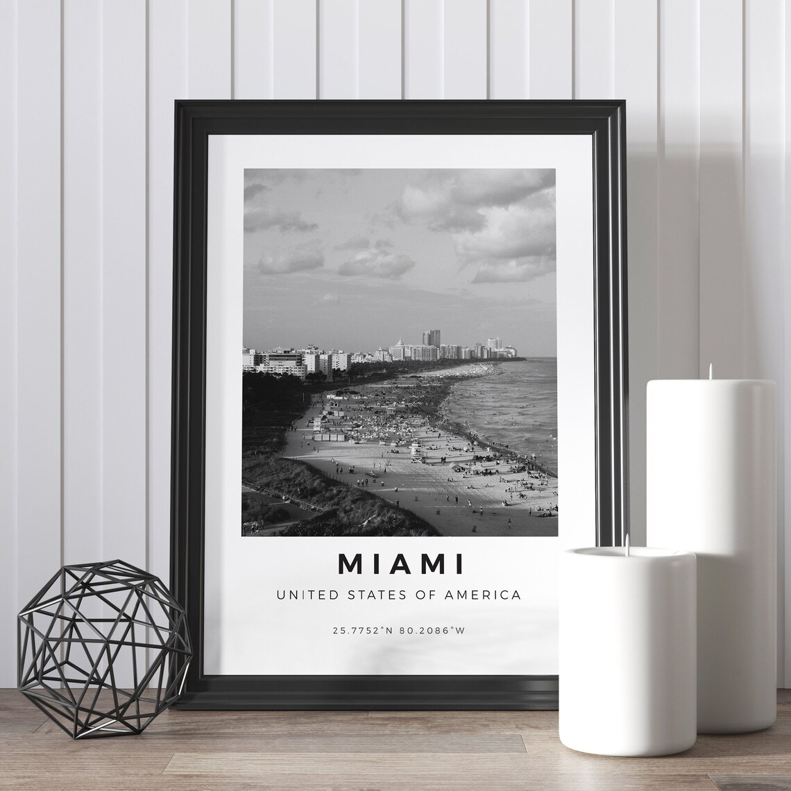 Miami Florida Black and White Beach Skyline Coordinates Poster - Image 5