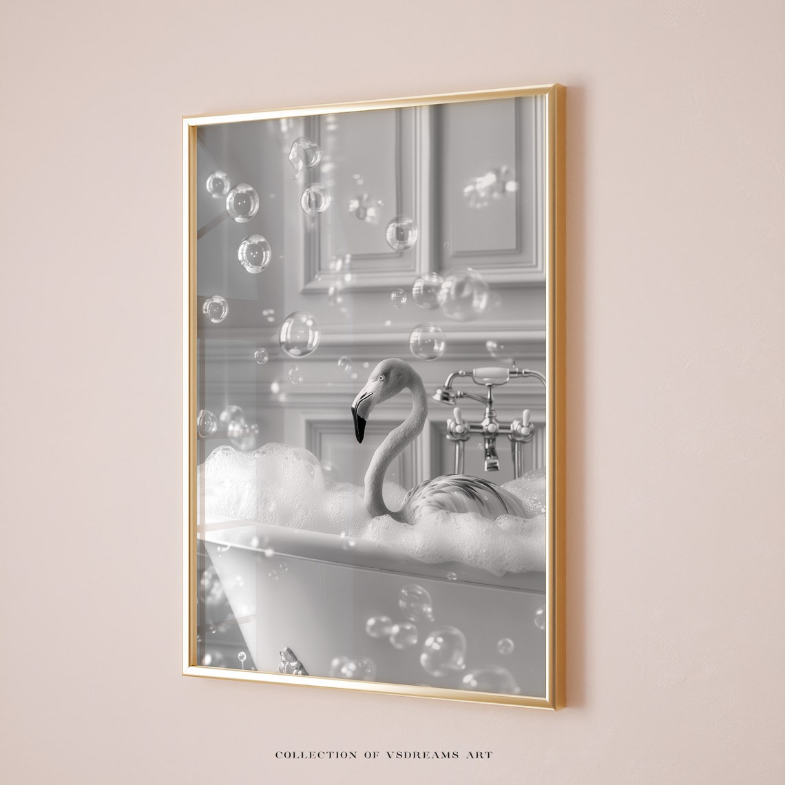 Flamingo Bubble Bath Black and White Funny Bird Gold Frame Art Poster